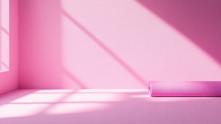Minimalist pink yoga studio with a yoga mat, ideal for wellness and fitness themes, promoting relaxation and mindfulness in a serene environmentの素材