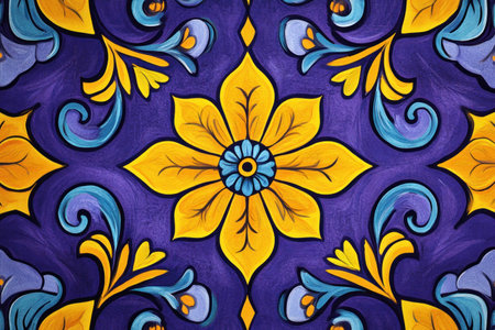 Vibrant floral pattern illustration featuring yellow and blue elements on a rich purple background, perfect for interior design and decor projectsの素材