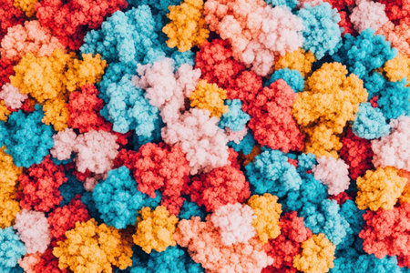 Vibrant abstract texture with colorful fluffy shapes in blue, red, orange, and pink, perfect for backgrounds and creative designsの素材