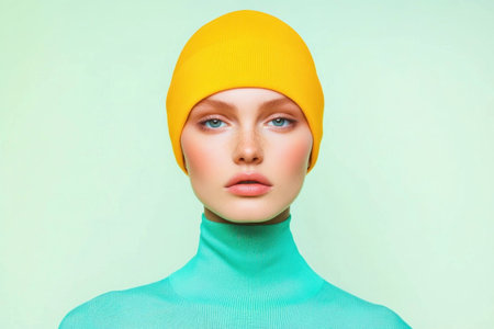 Elegant portrait of a model with striking blue eyes wearing a vibrant yellow beanie and green turtleneck, displaying a calm expression against a soft pastel backgroundの素材