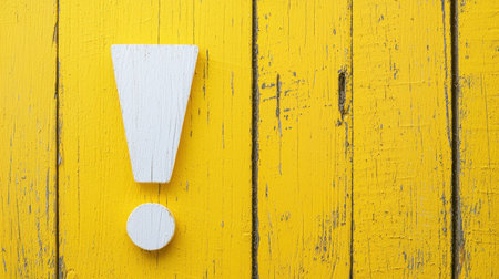 A white exclamation mark on a vibrant yellow wooden background symbolizes caution and alertness, ideal for designs emphasizing awareness and attentionの素材