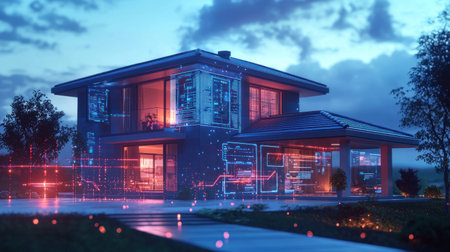 Modern smart home with digital interface, showcasing futuristic technology, vibrant colors, and a serene evening backdrop, ideal for innovative architectural conceptsの素材