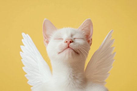Cute white cat with angel wings against yellow background, expressing joy and tranquility, ideal for pet lovers and positive emotionsの素材