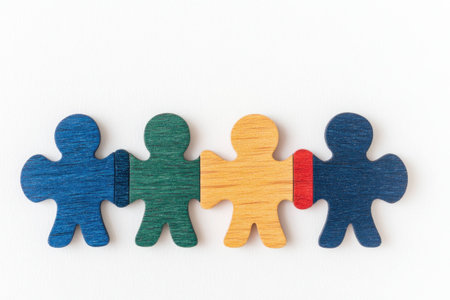 Colorful wooden puzzle pieces depicting unity and togetherness, showcasing teamwork and collaboration in a bright, minimalist settingの素材