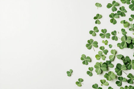 Fresh green clovers scattered on a white background, symbolizing luck and nature perfect for seasonal and wellness themesの素材