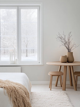 Cozy winter home interior with soft neutral colors, featuring a wooden table, minimalistic decor, and a snowy backgroundの素材