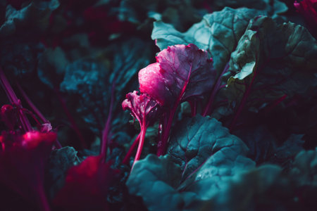 Vibrant leafy greens with rich textures in dark hues, highlighting fresh produce for healthy eating and culinary concepts, ideal for organic and vegetarian themesの素材