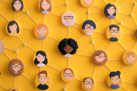 Diverse network of illustrated people on a yellow background, highlighting connection and community themes with a focus on collaboration and inclusionの素材