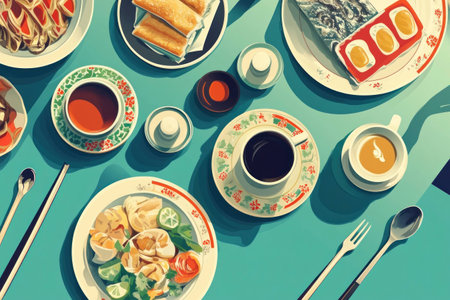 A vibrant and colorful flat lay of traditional Asian dishes showcasing various food items, highlighting a healthy eating concept and cultural diversityの素材