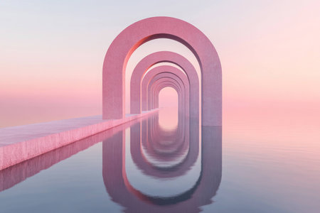 Serene pastel archways reflecting in tranquil water, creating a dreamy atmosphere of peace and harmony, ideal for design and mindfulness projectsの素材