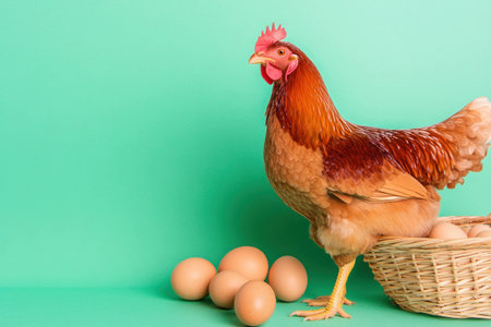 A vibrant hen beside a basket of fresh eggs on a green background, symbolizing farm life and healthy eating Perfect for organic food conceptsの素材