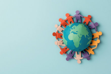 Colorful paper cutouts of diverse people surround a globe, symbolizing unity and teamwork in a global context Ideal for concepts related to collaboration and multiculturalismの素材