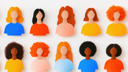 Colorful paper cutouts of diverse women representing different hairstyles and emotions, showcasing inclusivity and beauty, perfect for health and wellness themesの素材