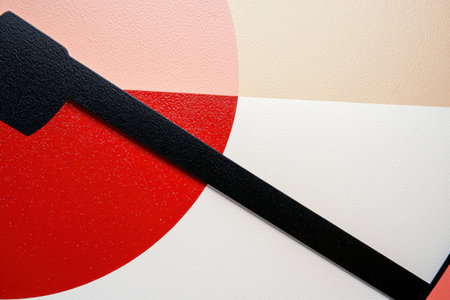 Abstract geometric composition with a black line against soft pastel colors, featuring circles and triangles for modern art decorationの素材