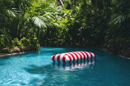 A vibrant tropical pool scene featuring a red and white striped float, surrounded by lush green foliage and sparkling blue water, evoking relaxation and summer vibesの素材