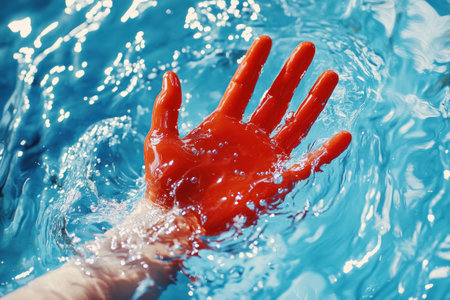 Vibrant red hand emerging from clear blue water, symbolizing vitality, creativity, and nature s beauty, ideal for concepts of fluidity and artistic expressionの素材