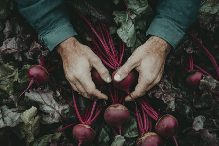 Harvested beets being held by hands in a rustic setting, showcasing deep red colors and earthy tones, perfect for seasonal cooking and healthy eatingの素材