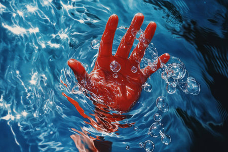 A vivid image of a hand reaching out from the water, capturing the struggle and emotion of drowning, highlighted by bubbles and deep blue tonesの素材