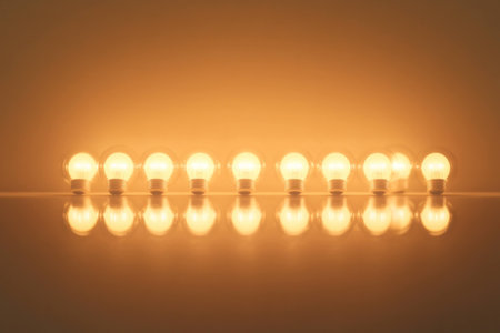 Warm amber light bulbs in a row, reflecting off a glossy surface, creating a cozy and inviting atmosphere perfect for home decorの素材