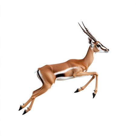 A dynamic illustration of a graceful antelope leaping across a bright white background, showcasing its agility and elegance in motionの素材