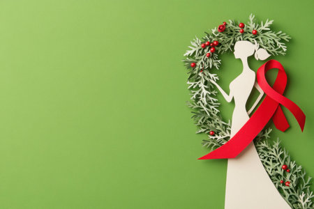 Elegant woman silhouette holding a Christmas wreath with red ribbon on a vibrant green background, embodying holiday spirit and seasonal decorationの素材