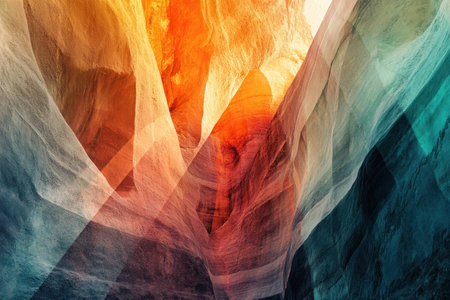 Abstract view of colorful canyon with layered sandstone formations showcasing vibrant reds, oranges, and blues, creating a stunning natural artworkの素材