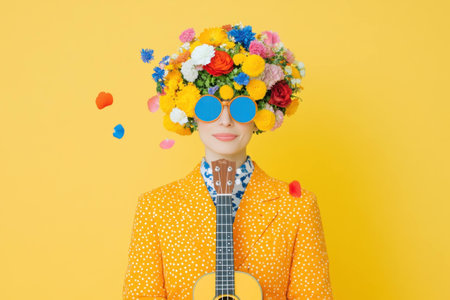 Cheerful model wearing a vibrant floral crown and sunglasses, holding a ukulele, featuring a bright yellow background for a joyful and artistic conceptの素材
