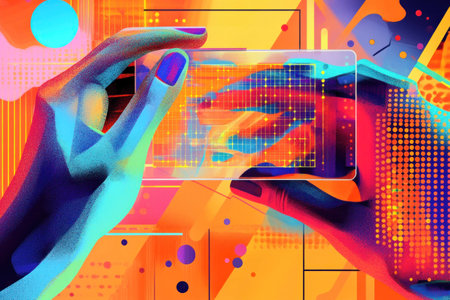 Colorful digital artwork showcasing hands holding a smartphone, blending vibrant hues and geometric patterns, reflecting technology and creativityの素材