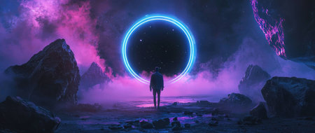 A silhouette of a person standing before a glowing portal in a surreal landscape, evoking emotions of wonder and exploration in a vibrant color paletteの素材