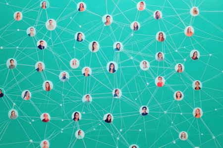 Abstract network of diverse professionals connecting in a modern digital environment featuring multiple individuals and vibrant turquoise backgroundの素材