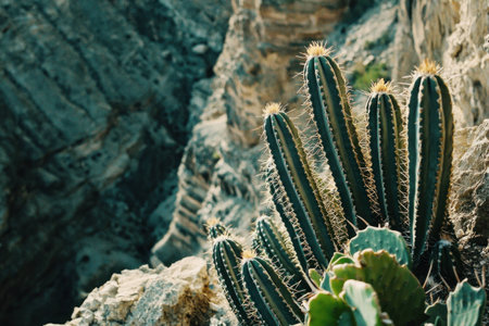 A vibrant green cactus growing amidst rocky terrain, showcasing resilience in a harsh environment, ideal for themes of nature s beauty and adaptationの素材