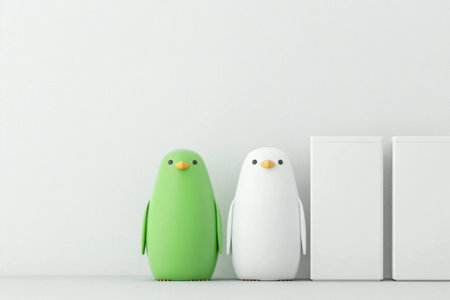 Two whimsical cartoon penguins in green and white colors stand side by side against a minimalistic light background, representing friendship and playfulness in a modern styleの素材