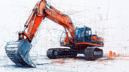 Detailed illustration of a vibrant orange excavator in a construction setting, showcasing its power and functionality with a dynamic sketch styleの素材