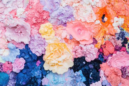 Vibrant abstract flowers in multicolored hues, showcasing texture and depth, perfect for artistic backgrounds or seasonal designsの素材