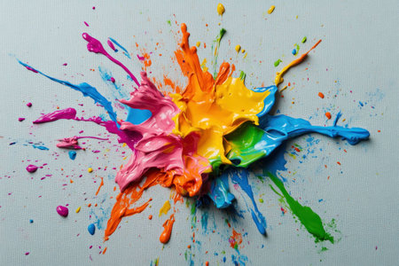 Vibrant paint explosion on a light gray background, showcasing a colorful mix of orange, pink, yellow, blue, and green, ideal for artistic concepts and creative projectsの素材