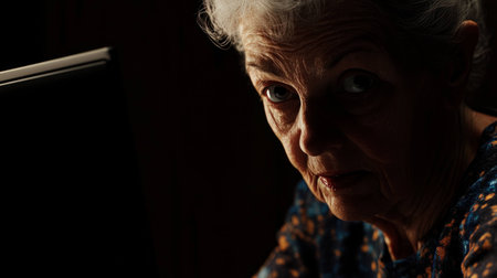 Emotional portrait of an older woman with grey hair, expressing a thoughtful gaze, surrounded by dark tones, showcasing seasonal wisdom and resilienceの素材