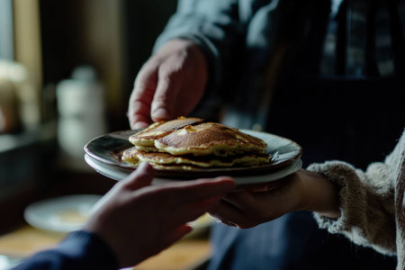 Cozy breakfast scene with hands exchanging a plate of pancakes, showcasing warm lighting and a rustic background, ideal for food loversの素材