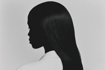 Elegant profile of a Black female model with long, sleek hair, showcasing beauty and confidence against a monochromatic backgroundの素材
