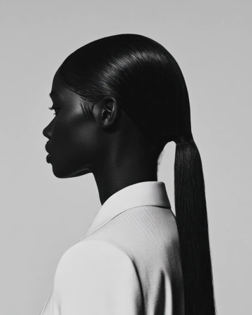 Black and White Portrait of a Black Woman with Long Hair in a Chic Suit, Capturing Elegance and Confidenceの素材