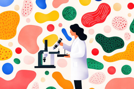 Scientist examining microorganisms through a microscope against a colorful abstract background, showcasing vibrant shapes and textures, ideal for educational and health themesの素材