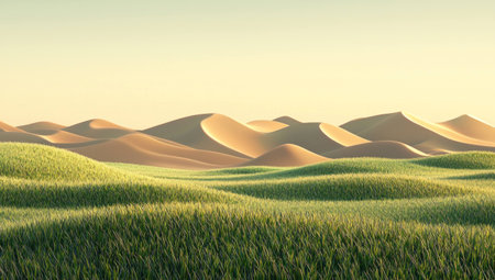 Serene desert landscape with gentle sand dunes and lush green grass, evoking tranquility and the beauty of nature s contrastsの素材