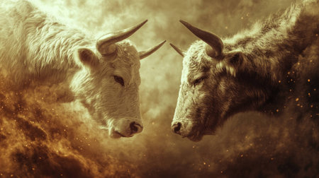 Majestic bulls facing each other in a mystical atmosphere, showcasing determination and power against a golden background filled with swirling dust and lightの素材