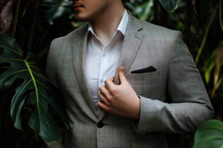 Stylish man in a gray blazer standing among lush tropical foliage, exuding confidence and elegance, showcasing modern fashion and nature s beautyの素材