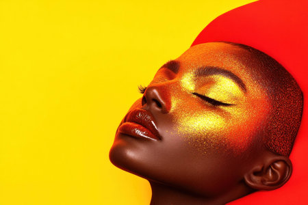 Vibrant close up of an African model with golden makeup and a bold red headpiece, set against a bright yellow backdrop, expressing confidence and creativityの素材
