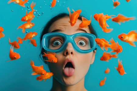 A surprised young woman in blue goggles surrounded by vibrant goldfish, expressing joy and excitement in a colorful underwater sceneの素材