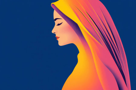 Vibrant profile of a woman with colorful hair and a peaceful expression against a deep blue background, showcasing modern illustration and digital artの素材