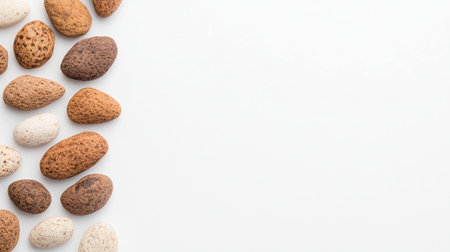 A collection of smooth, textured stones in various earthy tones arranged on a minimalist white background, ideal for wellness, meditation, and spa focused themesの素材