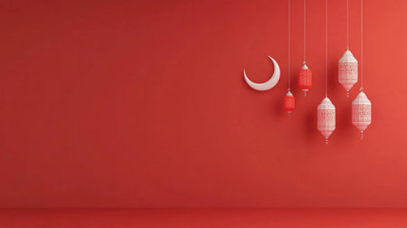 Red background with decorative lanterns and crescent moon, perfect for festive themes and cultural celebrations, emphasizing warmth and vibrancyの素材