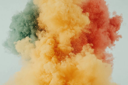 Colorful smoke explosion with yellow, red, and green powders creating a vibrant artistic background for creative projects and marketing purposesの素材