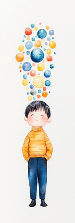 A cheerful boy in a cozy orange sweater with a thoughtful expression surrounded by colorful bubbles, representing creativity and imaginationの素材